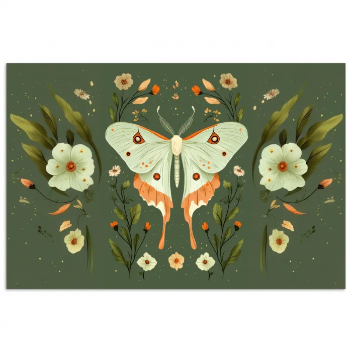 Bloemen - Bladeren - Olijfgroen - Vlinder poster papier klein -3d