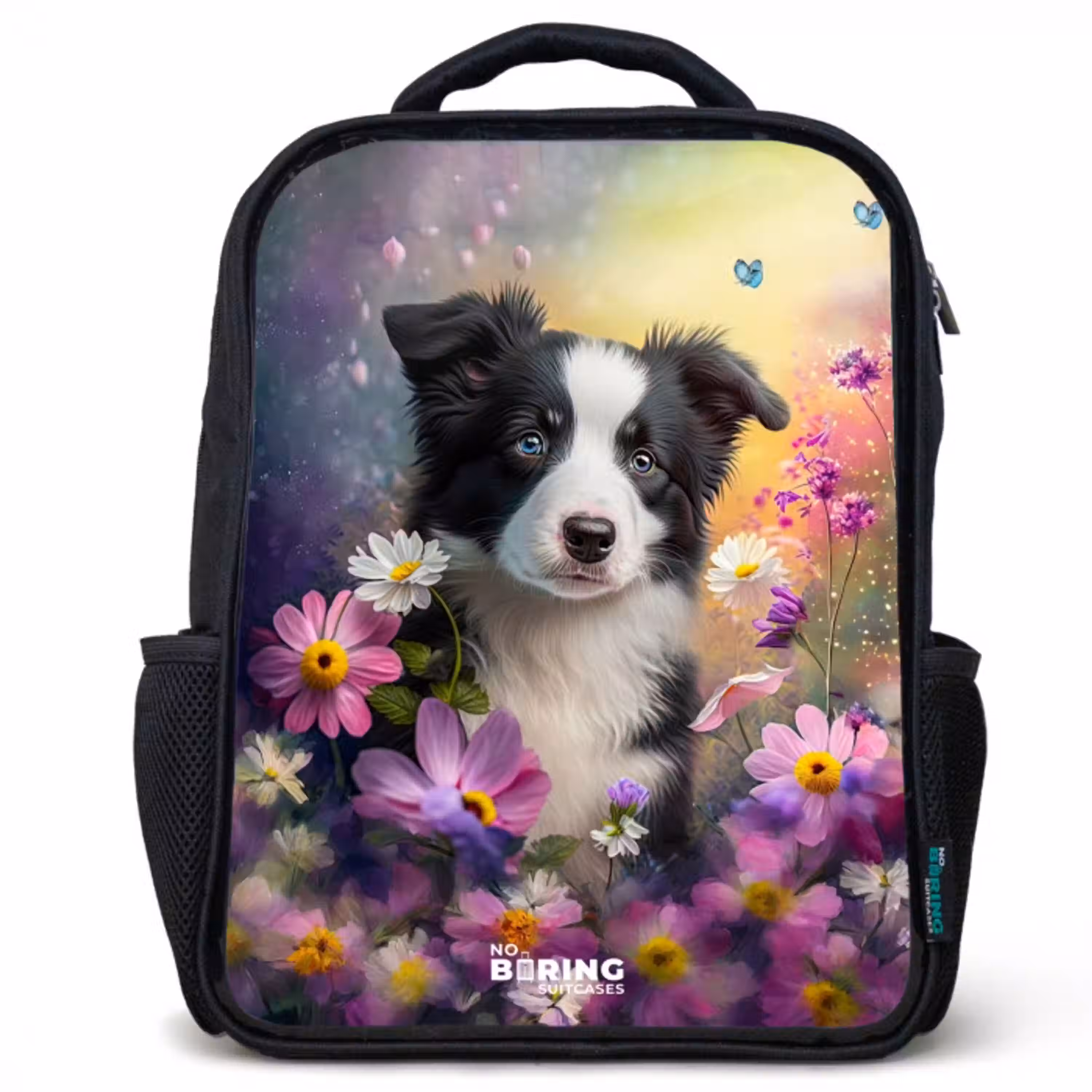 zwart witte puppy tussen kleurrijke bloemen Rugzak - Zwart middel -3d