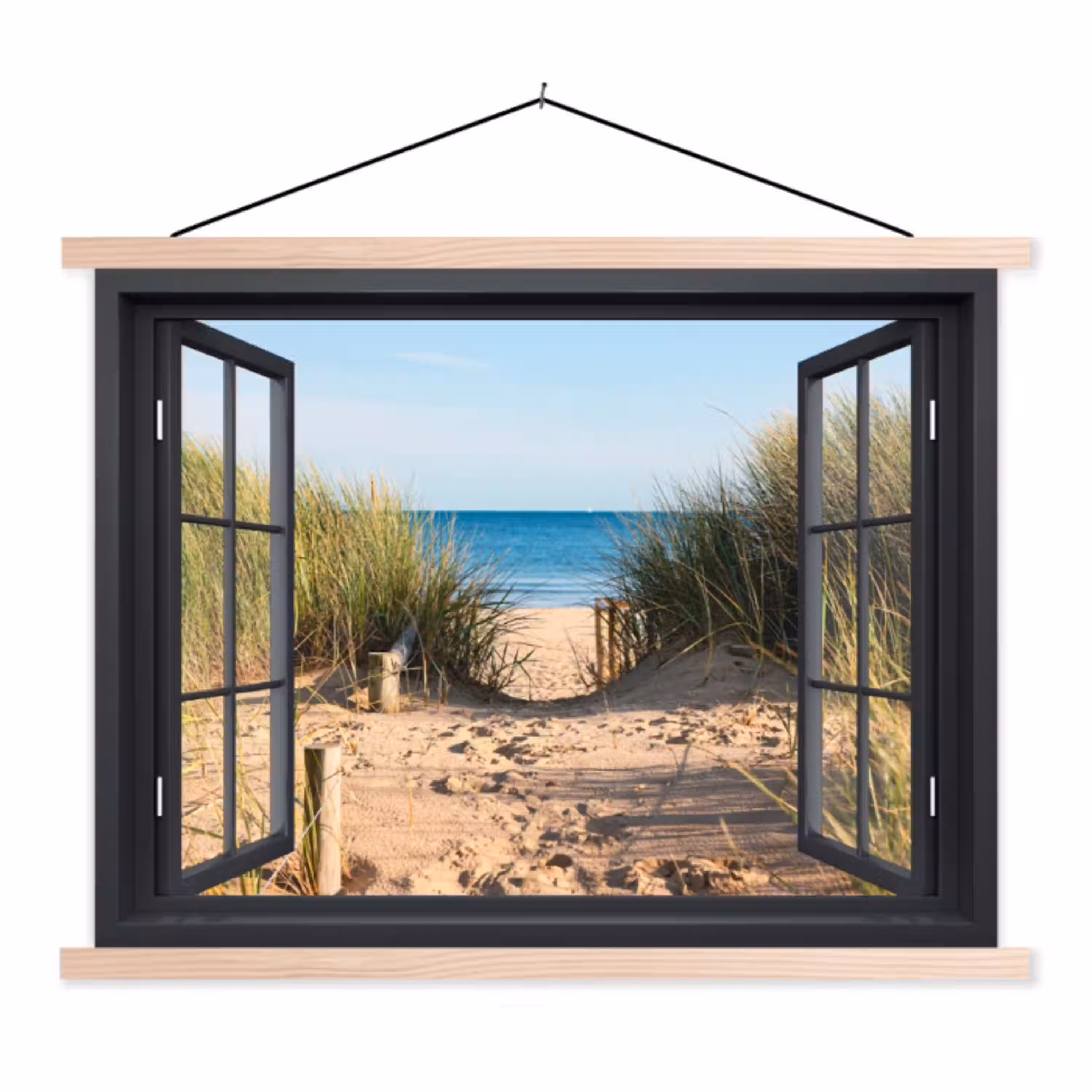 Doorkijk - Strand - Zee - Zand - Water - Helmgras - Duinen textielposter latten blank klein -3d