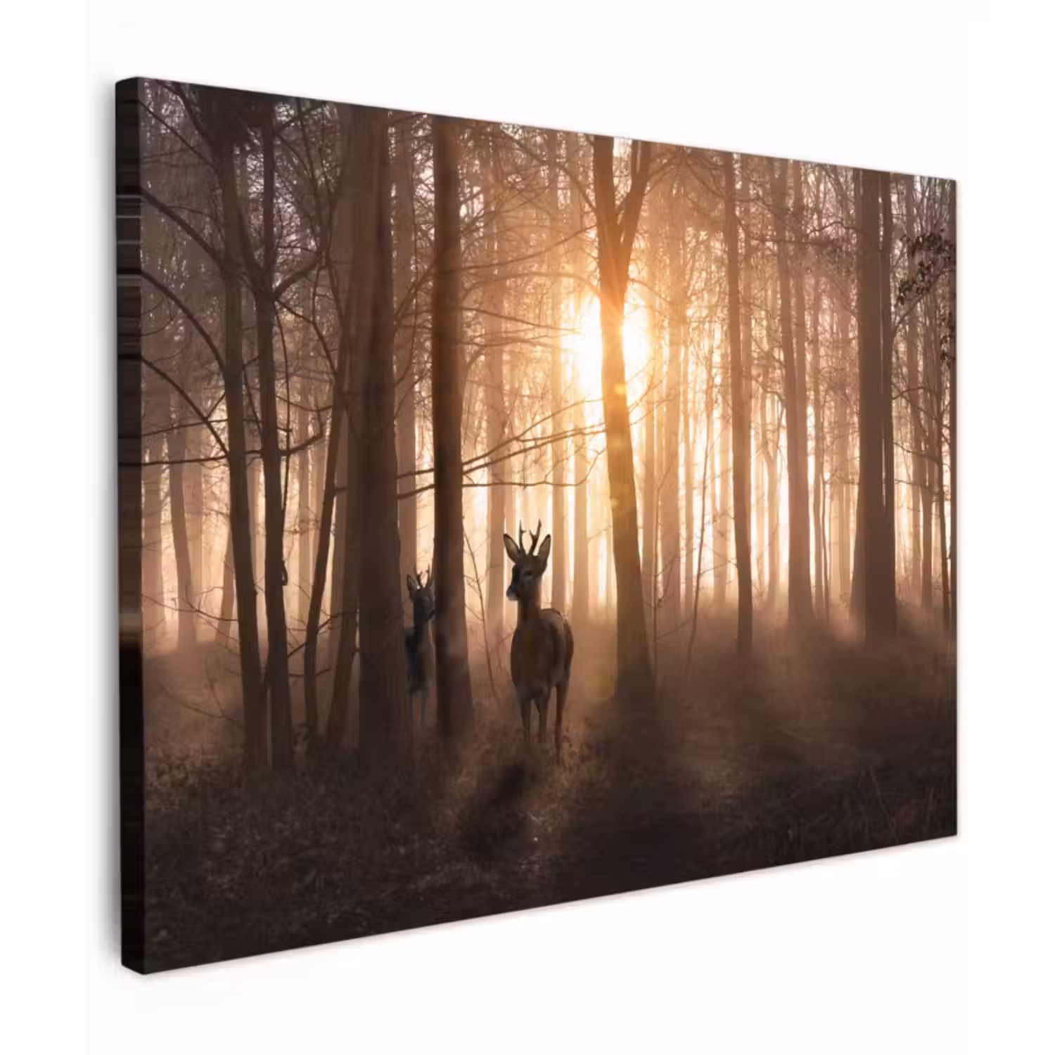 Canvas schilderij - Bos - Hert - Zon - Bomen - Winter - Natuur - Dieren