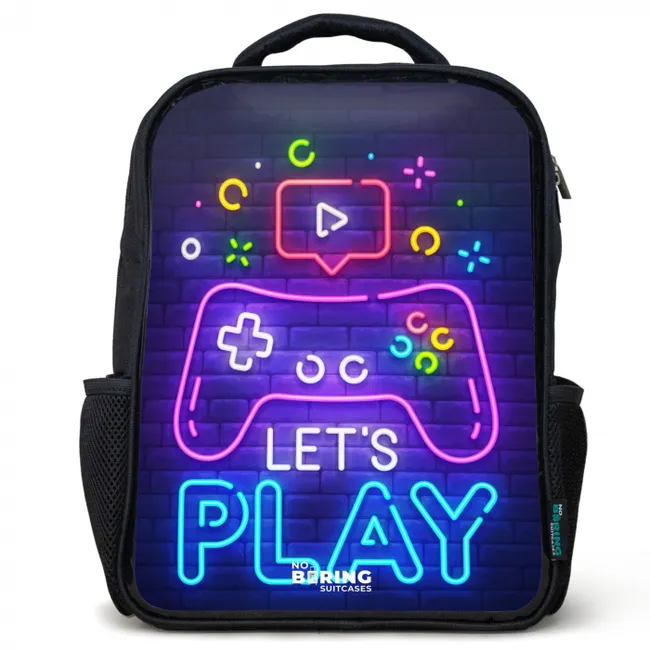 Kids' Backpacks Black -. Neon controller against a brick wall