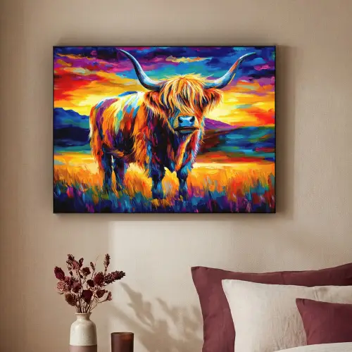 Schotse hooglander - Kunst - Koe - Dieren - Landschap Textielframe zwart klein -sfeer1