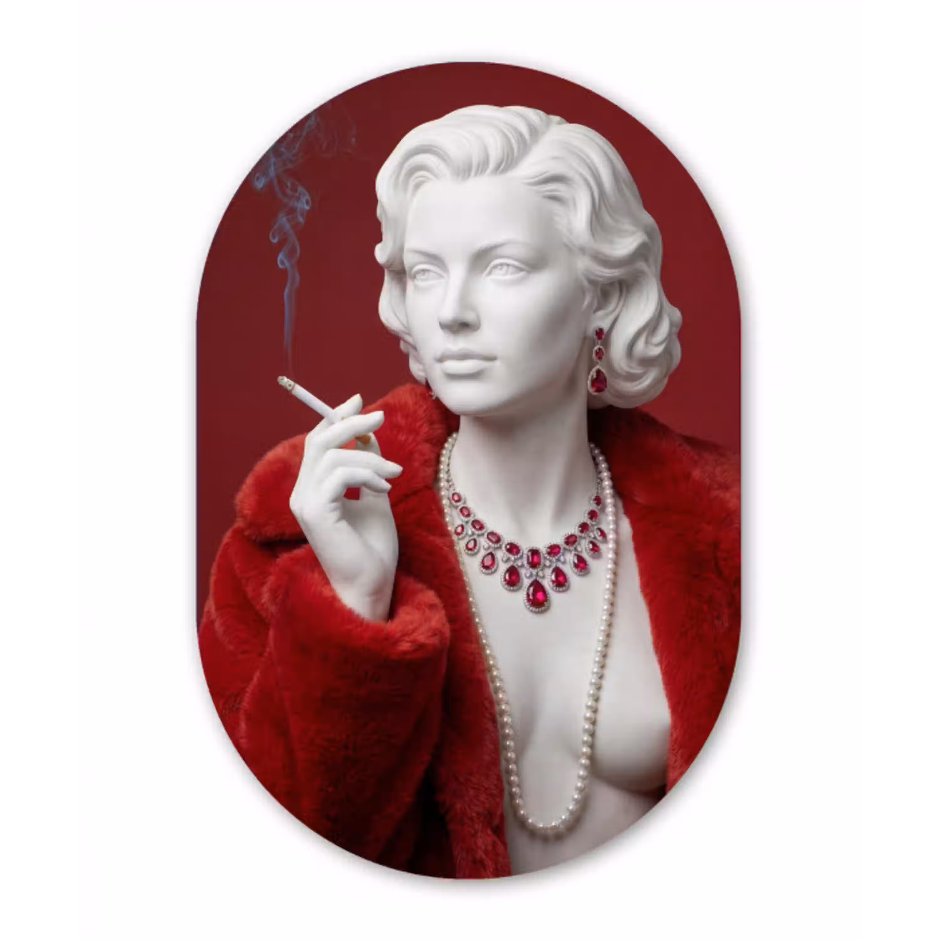 Vrouw - Bontjas - Mode - Klassiek - Rood Wandcirkel Ovaal Forex klein -3d