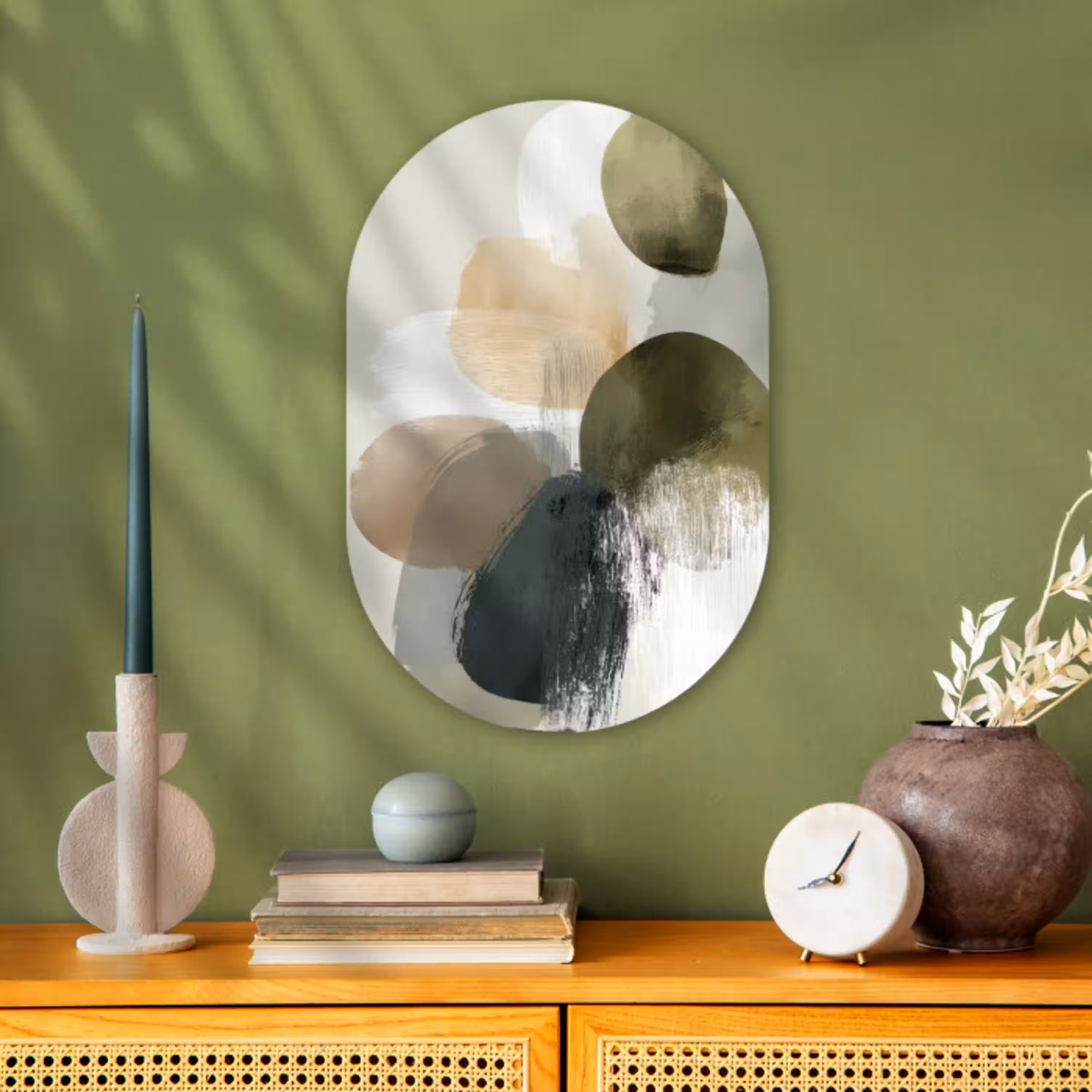 Minimalistisch - Cirkels - Penseelstreken - Beige Wandcirkel Ovaal Forex klein -sfeer2