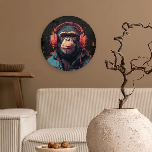 Graffiti - Chimpansee - Koptelefoon - Aap Wandcirkel kunststof plaat 5mm dik klein -sfeer1