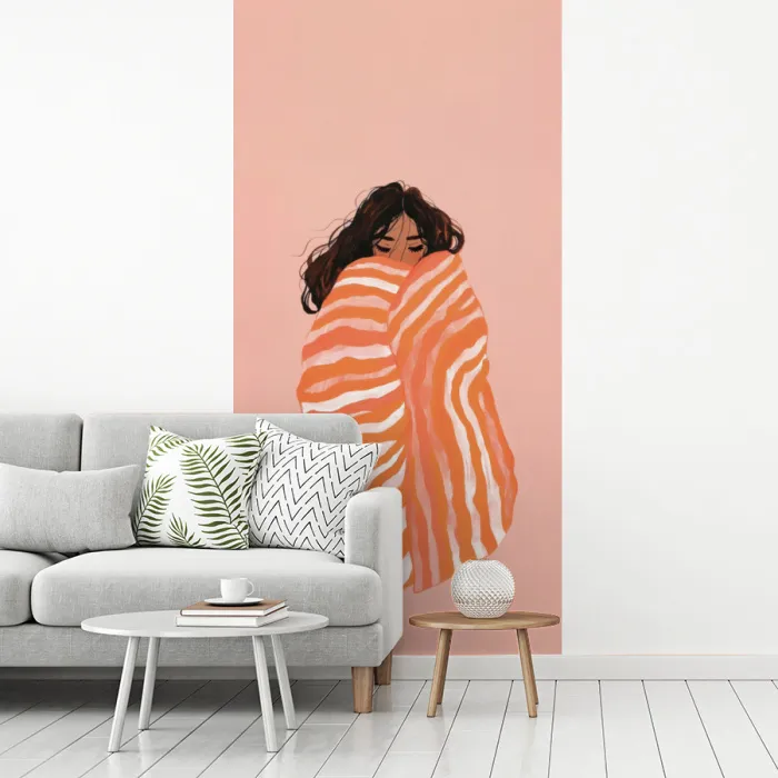 Meisje - Deken - Gestreept - Oranje fotobehang vinyl groot -woonkamer