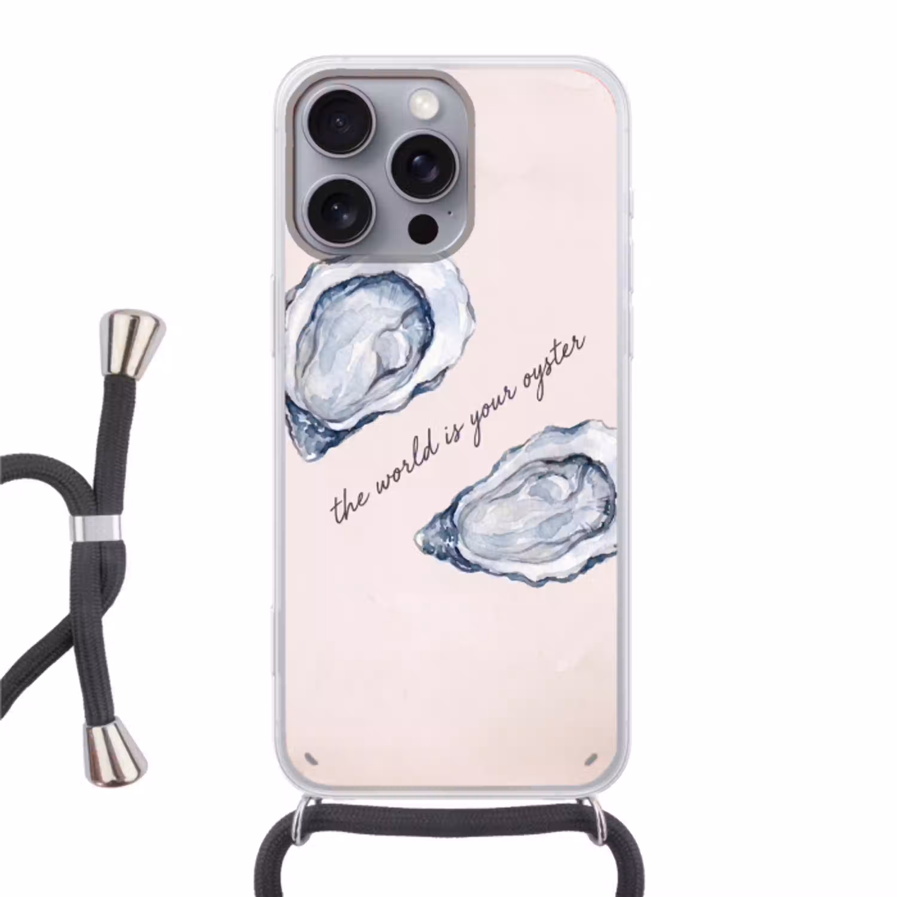 Zeeleven - Oester - Aquarel - Minimalistisch - Blauw Hoesje iPhone 16 Pro Max met koord klein -3d