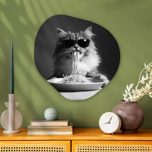 Langharige kat - Zonnebril - Spaghetti - Humor - Zwart - wit Wandcirkel Organisch Aluminium middel -sfeer2