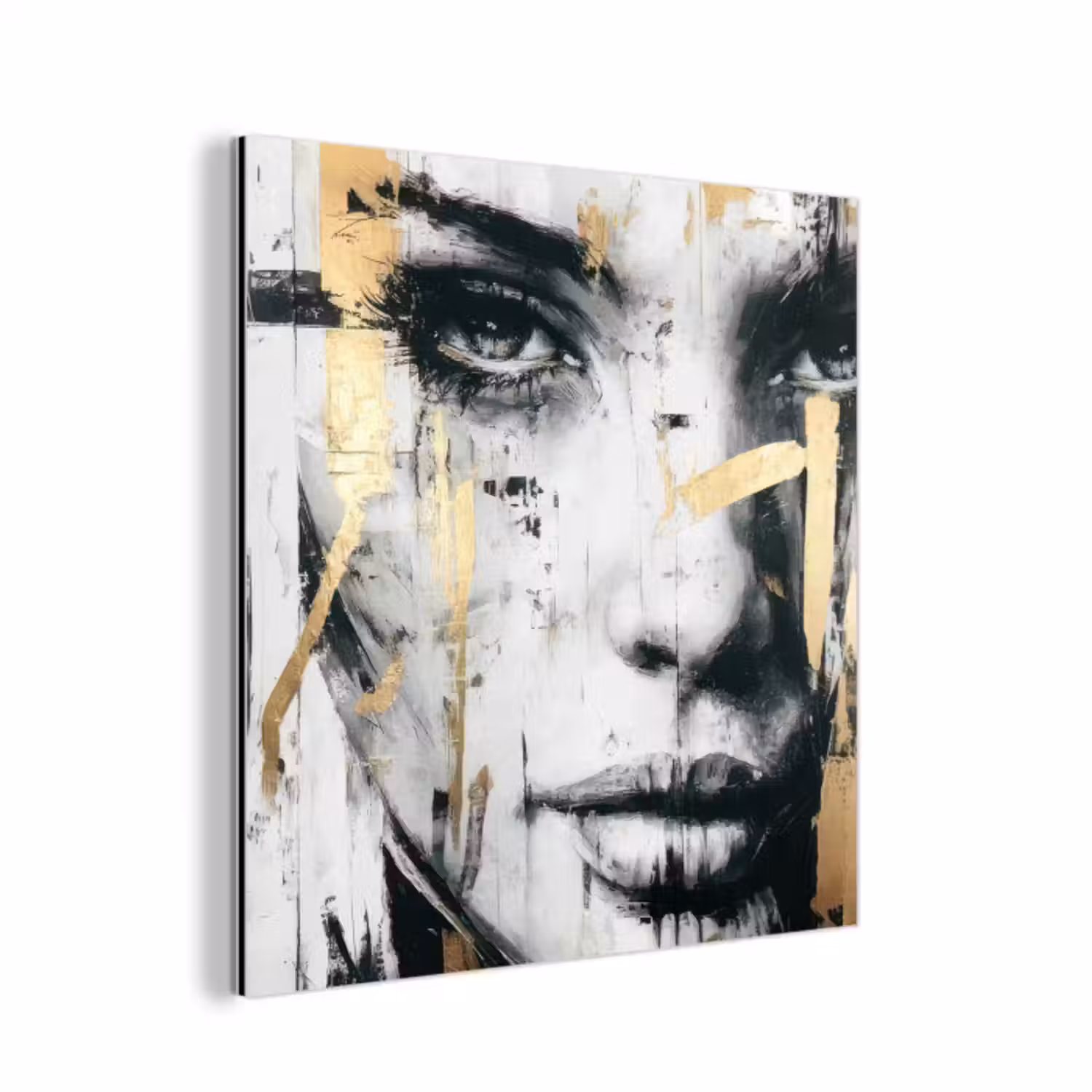 Aluminium schilderij - Portret - Vrouw - Penseelstreken - Goud