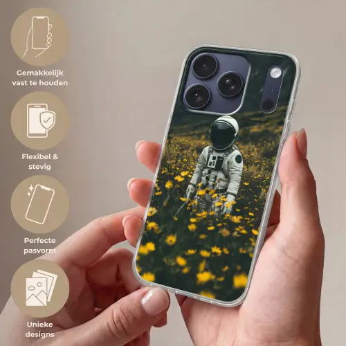 Astronaut - Bloemen - Veld - Geel Telefoonhoesje iPhone 17 Pro klein -sfeer3_NL