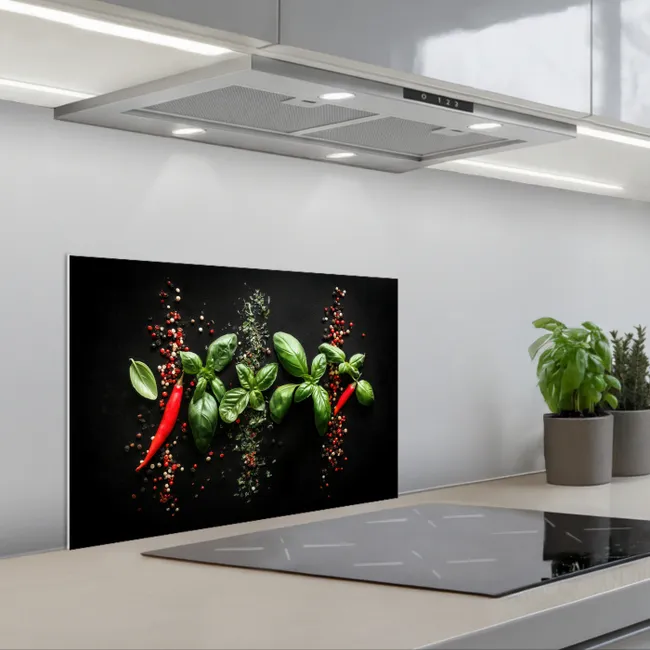 Chilipepers - Basilicum - Blaadjes - Rood keuken achterwand spatscherm klein -3d_schuin