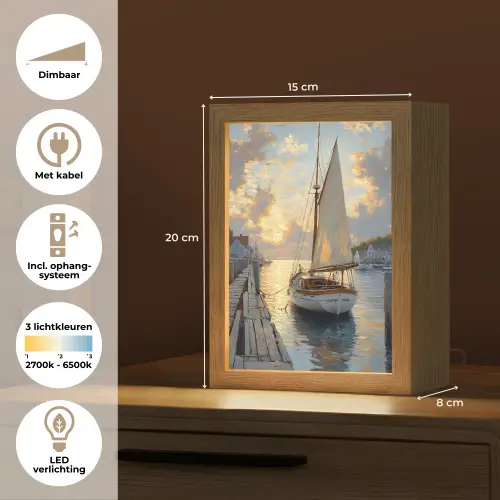 Zeilboot - Zon - Pier - Hout Light Box met kabel (Tafellamp) klein -USP_NL