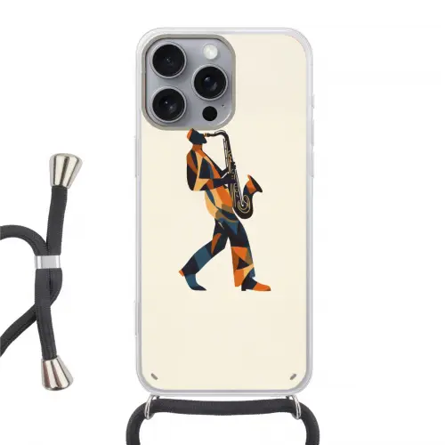 Saxofoon - Abstract - Persoon - Blauw Hoesje iPhone 16 Pro Max met koord klein -3d
