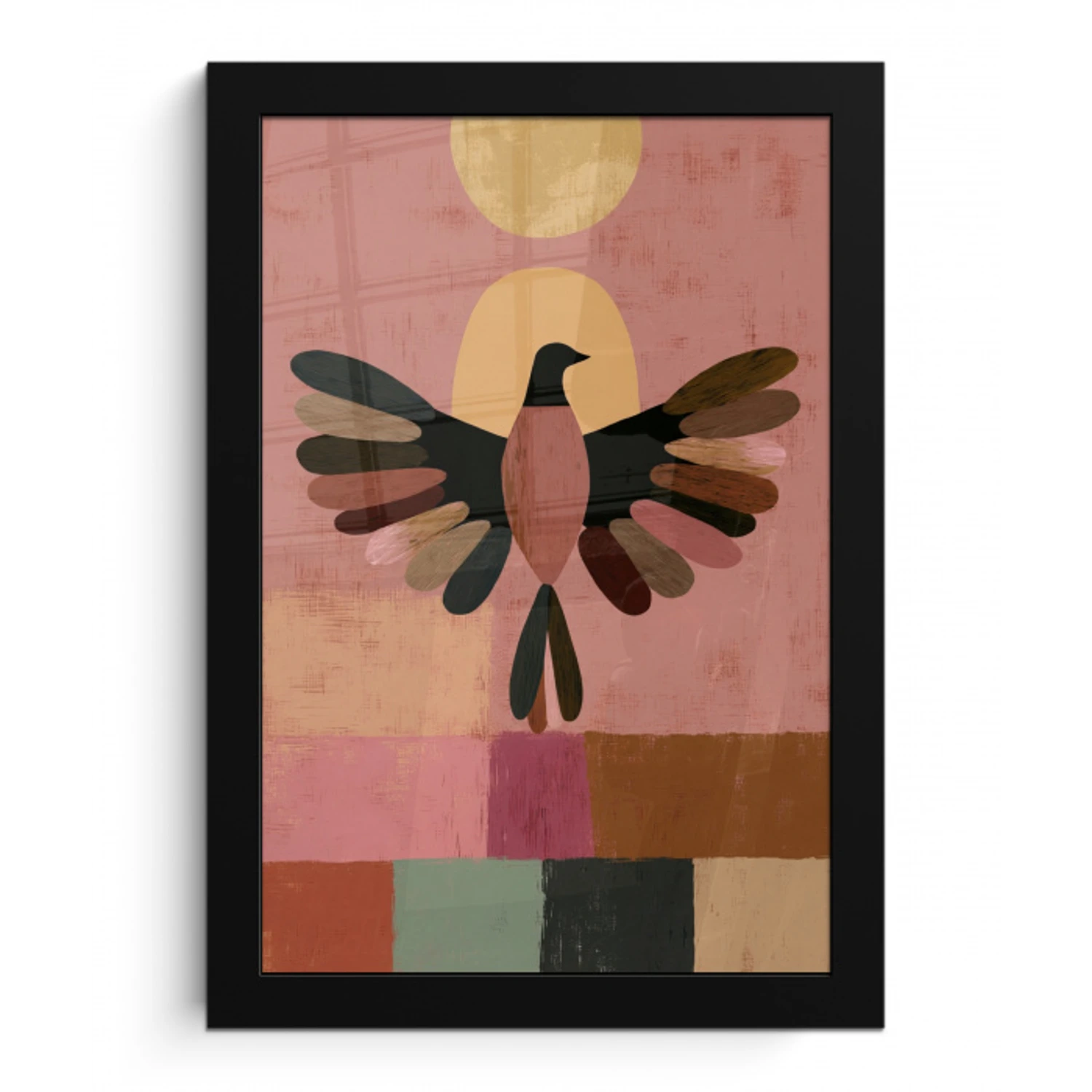 Illustratie - Vogel - Vlakken - Kleurrijk fotolijst zwart zonder passe partout klein -3d