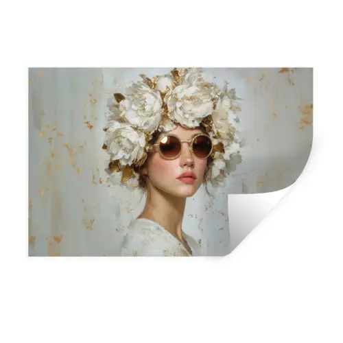 Schilderij - Vrouw - Zonnebril - Bloemenkrans Muursticker klein -3d