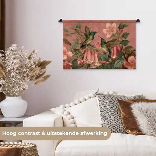 Kolibries - Bloemen - Groen - Roze Wandkleed katoen klein -sfeer1