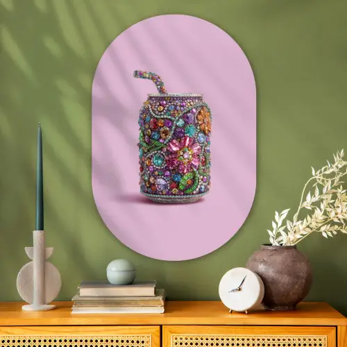 Frisdrankblikje - Bloemenpatroon - Edelstenen - Kleurrijk Wandcirkel Ovaal Glas middel -sfeer2