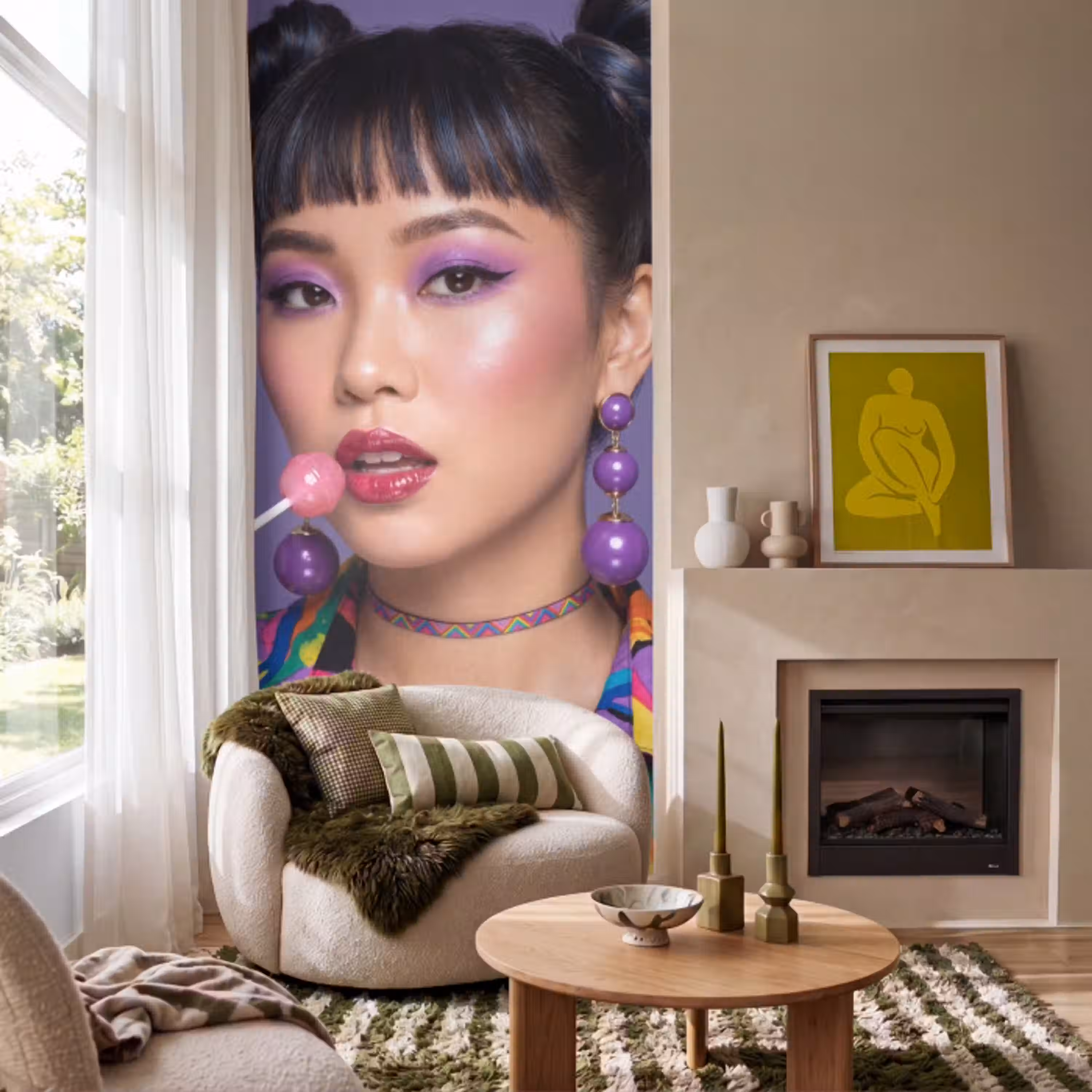 Vrouw - Portret - Make-up - Paars - Levendig Behang Vlies klein -sfeer2