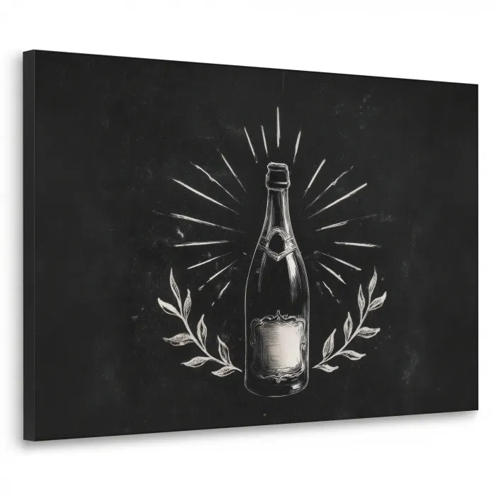 Champagnefles - Lauriertakken - Zwarte achtergrond Textielframe - compleet frame klein -3d