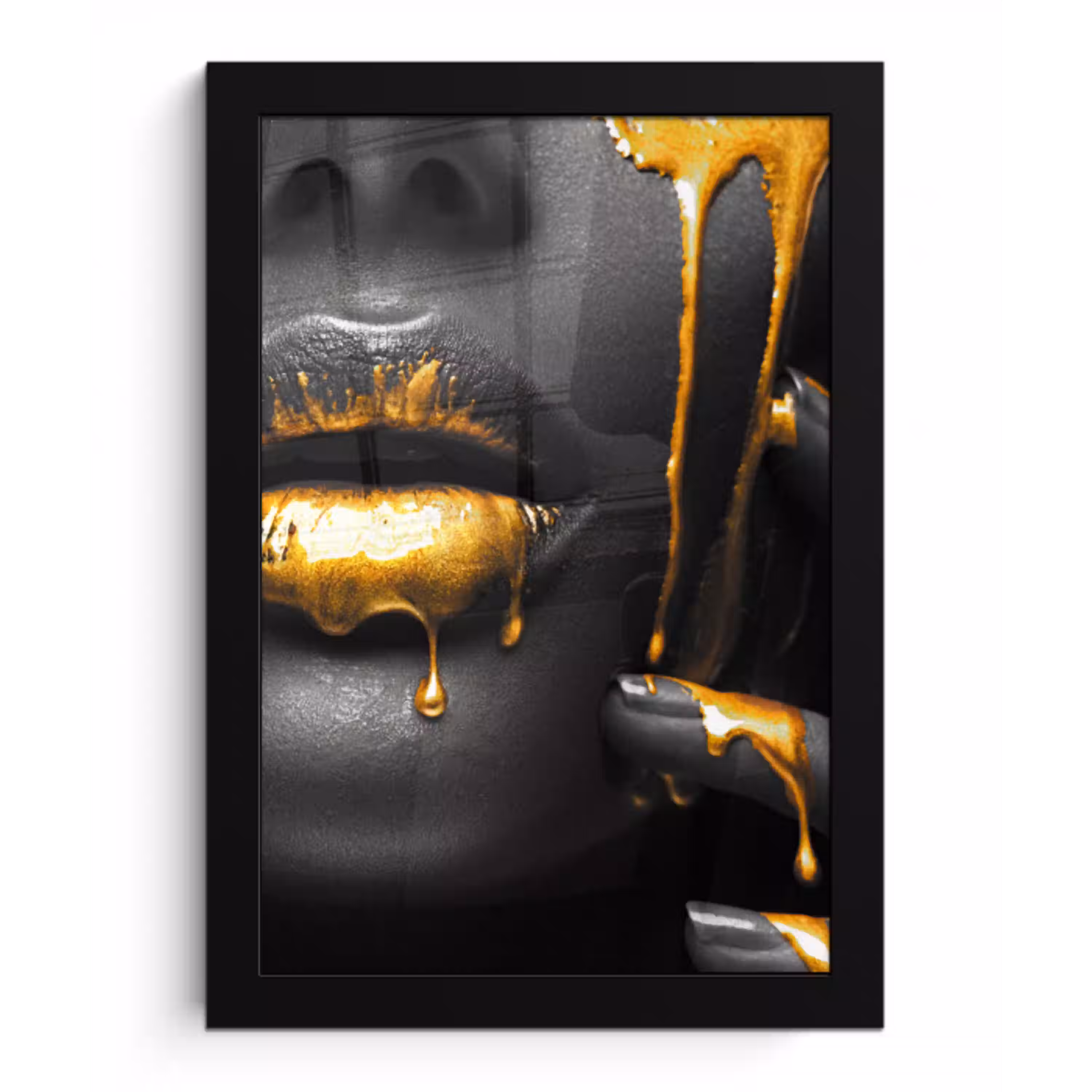 Vrouw - Zwart - Goud - Gezicht - Lippen fotolijst zwart zonder passe partout klein -3d