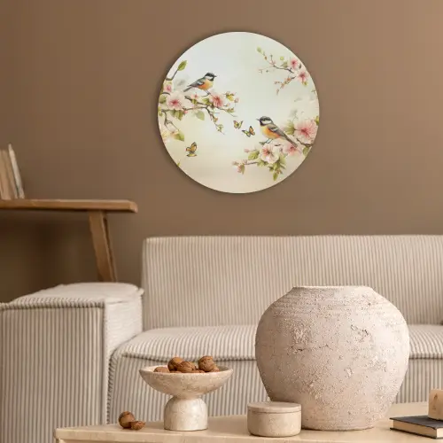 Takken - Bloemen - Vogeltjes - Roze Akoestische PET Vilt - Rond klein -sfeer1