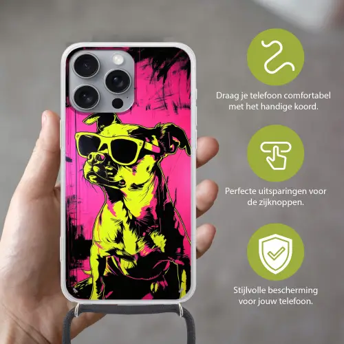 Hond - Zonnebril - Roze - Art Hoesje iPhone 16 Pro Max met koord klein -sfeer2_NL