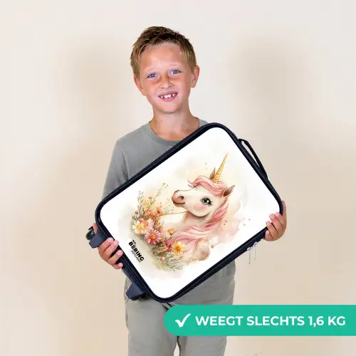 Eenhoorn met roze manen tussen pastelbloemen Kinderkoffer - Zwart klein -sfeer4_NL