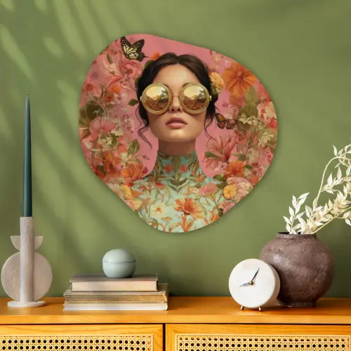 Vrouw - Bril - Roze - Bloemen Wandcirkel Organisch Aluminium middel -sfeer2