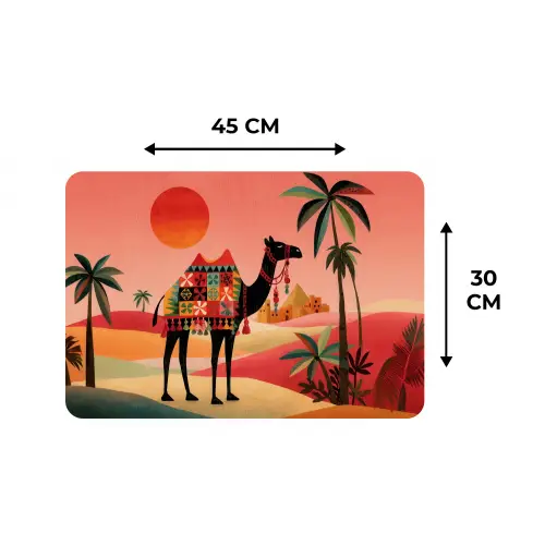Kameel - Gekleurd tapijt - Duinen - Rode zon Placemat vinyl groot -specs