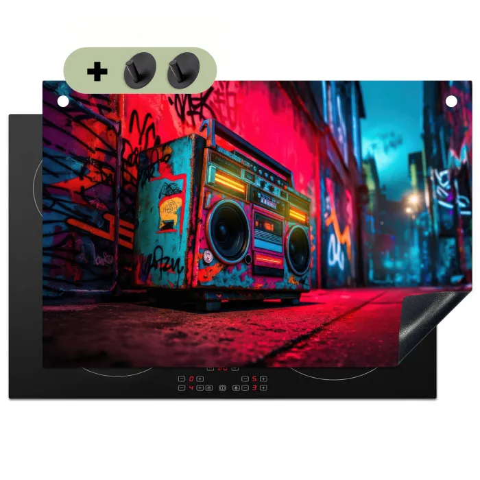 Boombox - Rood - Graffiti - Neon Inductie beschemer met haakjes klein -3d