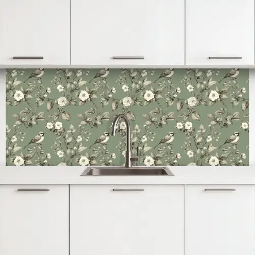 Botanisch - Vogels - Groen keuken achterwand 2 middel 871 -3d