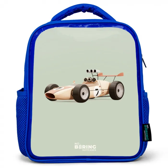 Beige retro raceauto op groen achtergrond Kinderrugzak - Blauw middel -3d