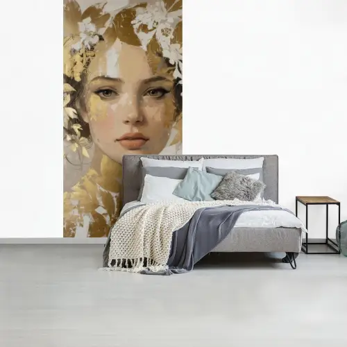 Gezicht - Vrouw - Bladeren - Goud fotobehang vinyl groot -slaapkamer