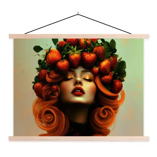 Vrouw - Aardbeien - Kroon textielposter latten blank klein -3d
