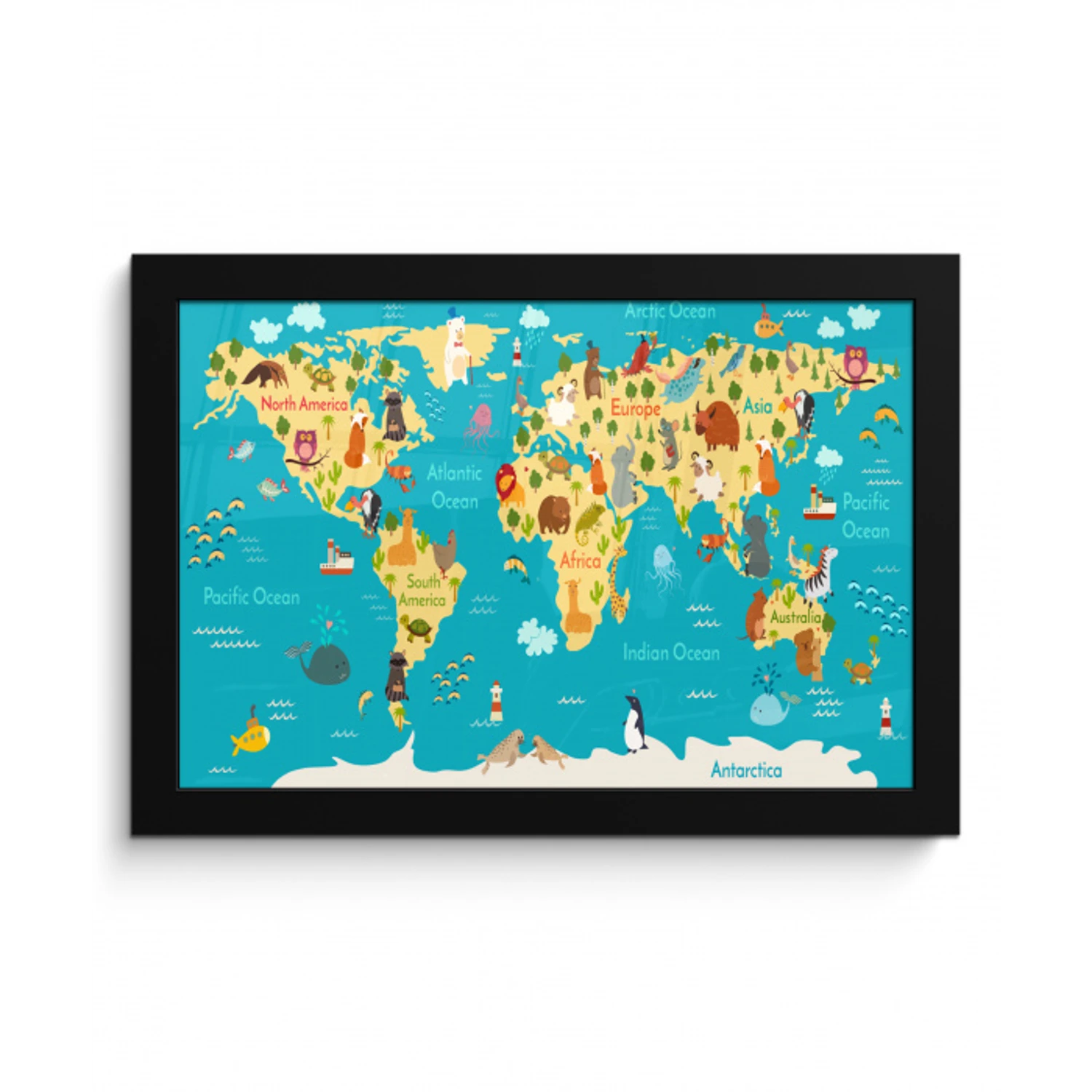 Wereldkaart - Kinderen - Dieren - Geel - Blauw - Jongens - Meisjes fotolijst zwart zonder passe partout klein -3d