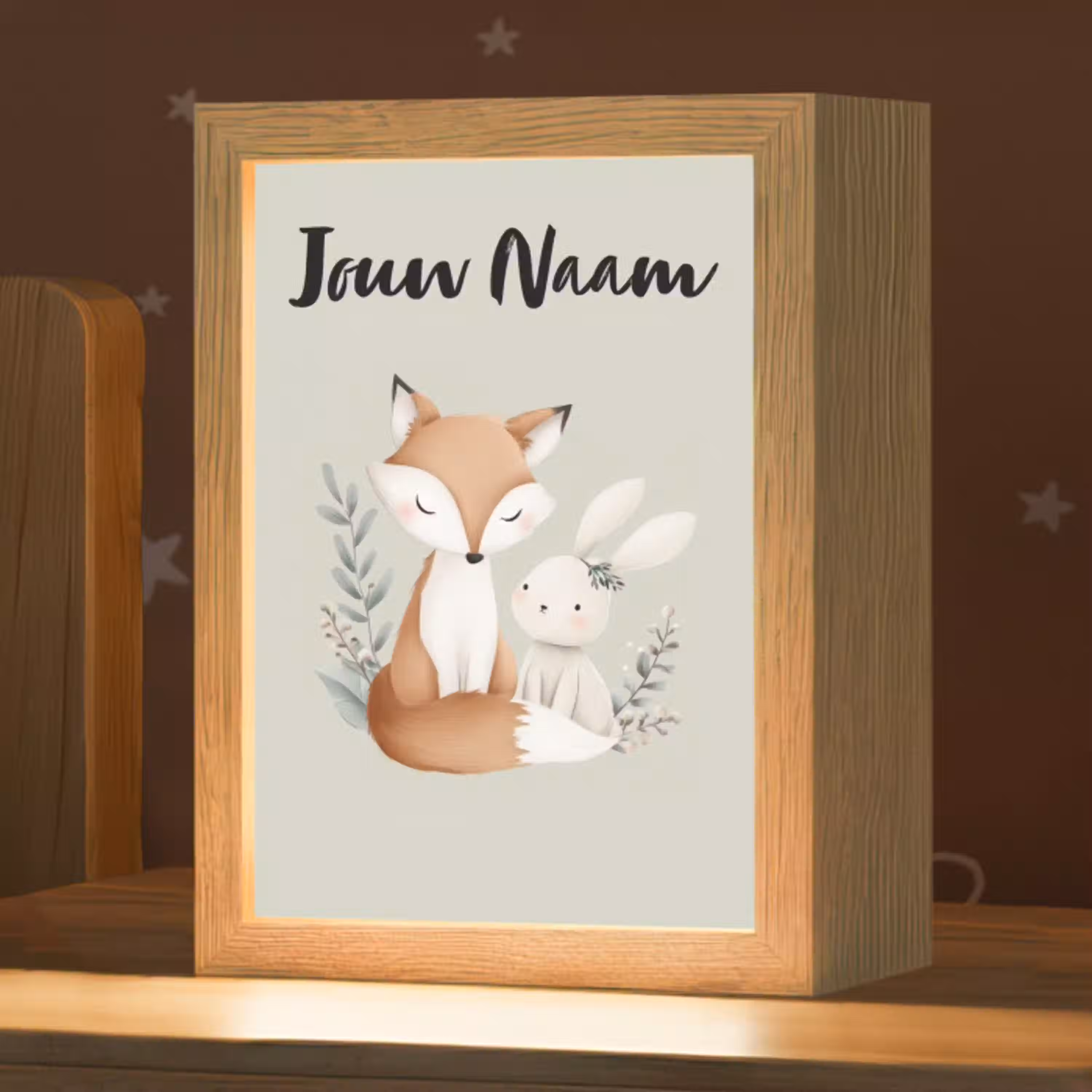 Illustratie - Vos - Konijn - Bladeren Light Box met kabel (Kinderlampje) klein -zzz_3d_website