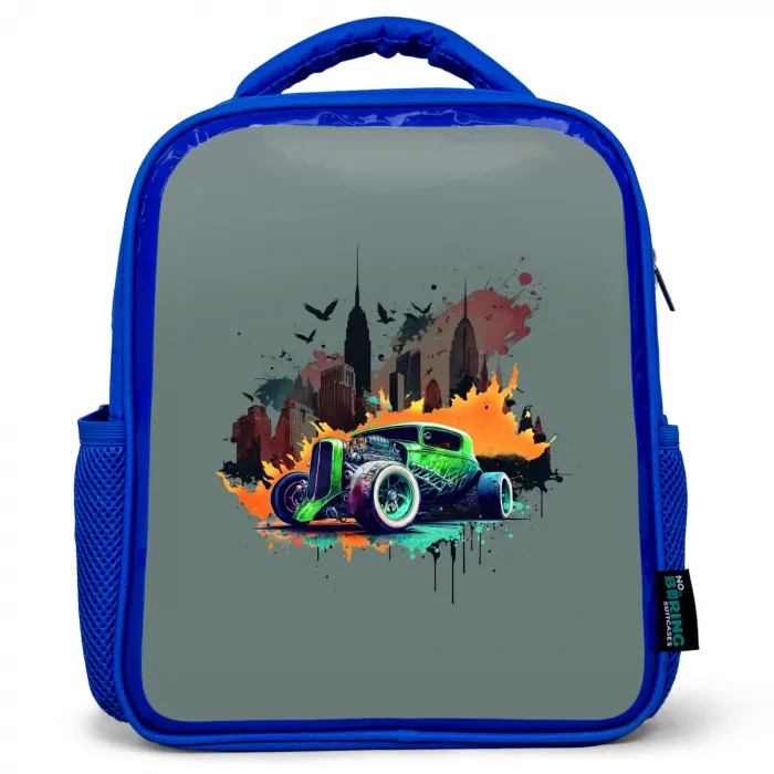 Auto in spookstad Kinderrugzak - Blauw middel -3d