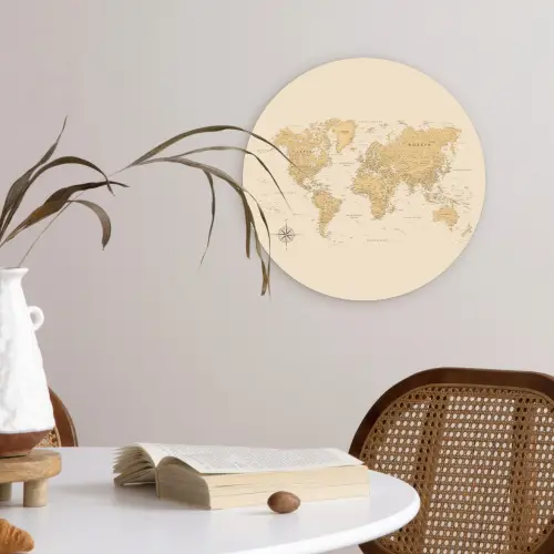 Wereldkaart - Realistisch - Beige Wandcirkel plexiglas klein -sfeer4