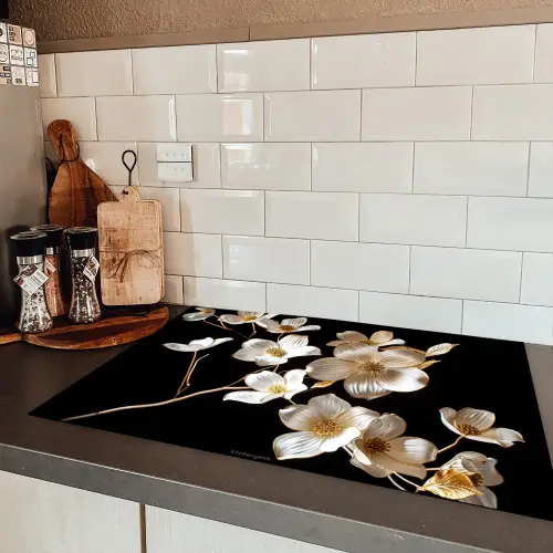 Bloemen - Wit - Goud Inductie beschermer vinyl 3mm klein -sfeer3