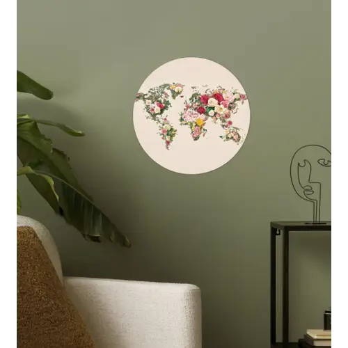 Wereldkaart - Bloemen - Roze Wandcirkel behangsticker klein -sfeer2
