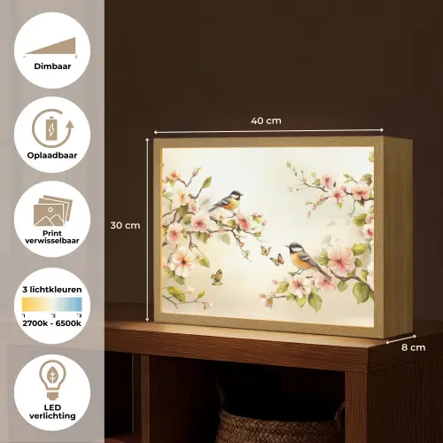 Takken - Bloemen - Vogeltjes - Roze Light Box met batterij (Wandlamp) middel -USP_websiteoverzichtNL