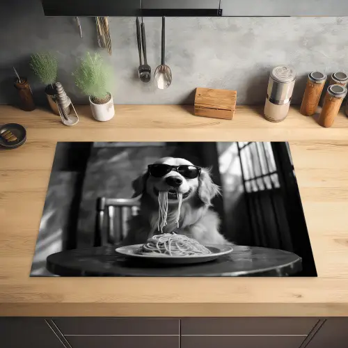 Golden Retriever - Hond - Vrolijk -  Bord spaghetti - Zwart - wit Inductie beschermer vinyl 3mm klein -sfeer5