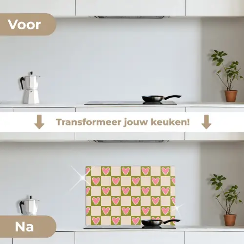 Olijfgroen - Hartjes - Patroon - Retro keuken achterwand spatscherm klein 900 -voor_na_NL