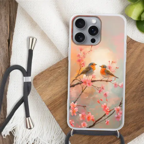 Roodborstjes - Sierlijk - Bloesemtak Hoesje iPhone 16 Pro Max met koord klein -sfeer4