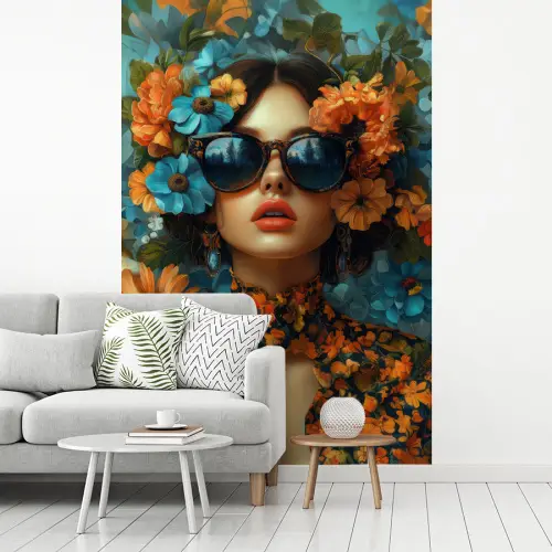 Vrouw - Bloemen - Oranje - Blauw - Modern fotobehang vinyl groot -woonkamer