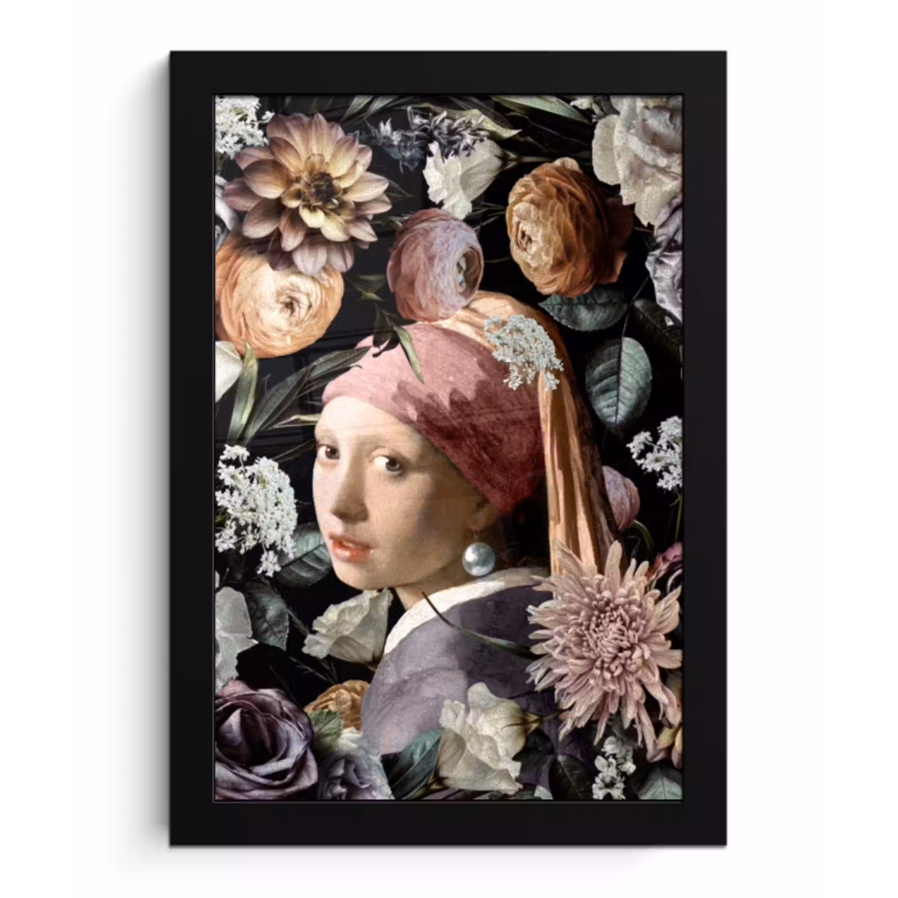Meisje met de parel - Bloemen - Vermeer - Pastel - Kunstwerk - Schilderij - Oude meesters fotolijst zwart zonder passe partout klein -3d