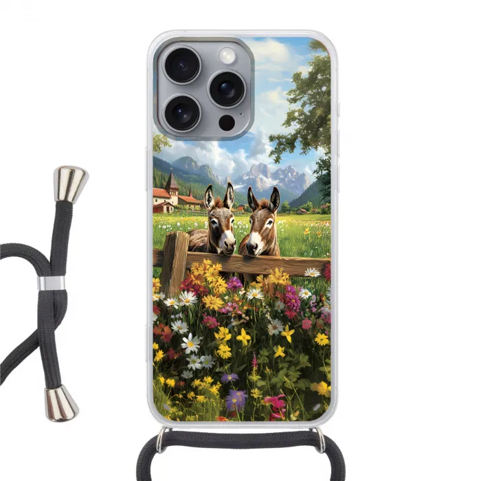 Ezels - Bloemen - Zomers Hoesje iPhone 16 Pro Max met koord klein -3d