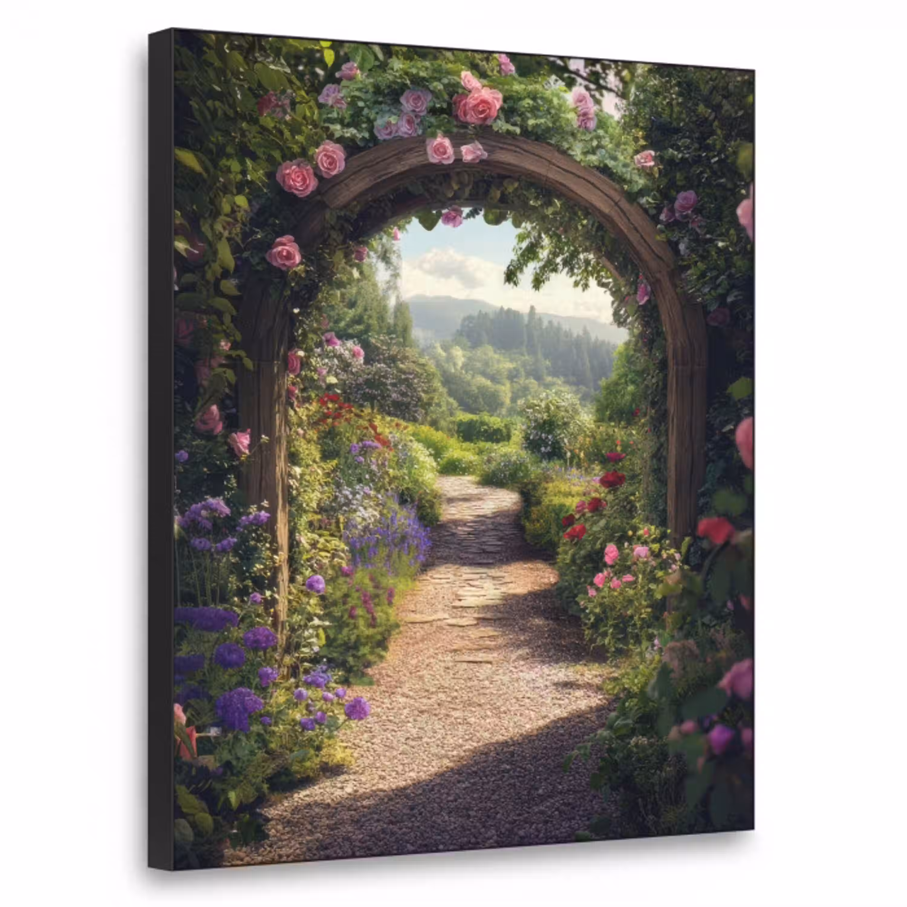 Doorkijk - Landschap - Bloemen - Rozenboog - Natuur Textielframe - compleet frame klein -3d