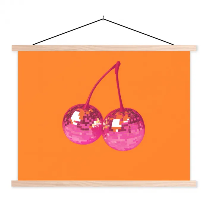Discoballen - Kers - Spiegels - Roze textielposter latten blank klein -3d