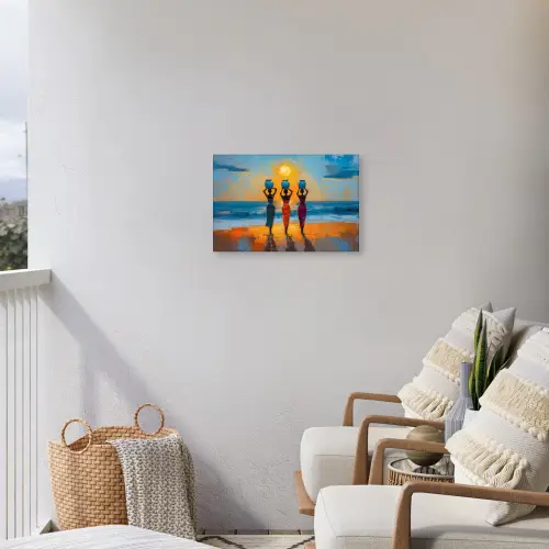 Vrouwen - Strand - Zondsondergang Tuinposter op houten frame 2 cm dik klein -sfeer1